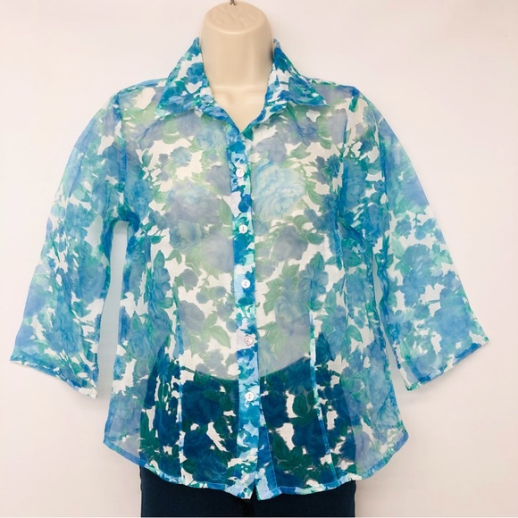 Notations Petite sheer blue floral blouse - Picture 2 of 15